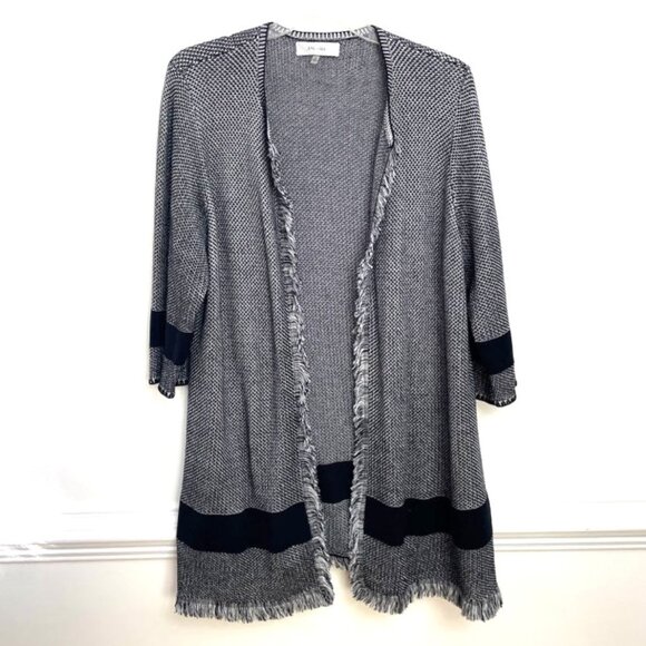 Jones Studio Cardigan Sz 1X Black & White Knit Open Front Fringe Hem - Picture 1 of 5